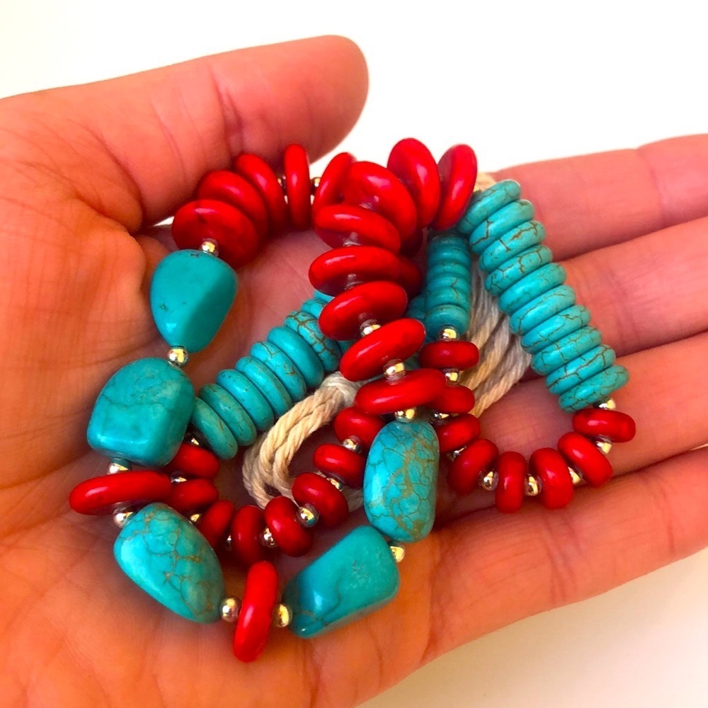 Boho Stabilized Turquoise And Coral Bead Twine Necklace